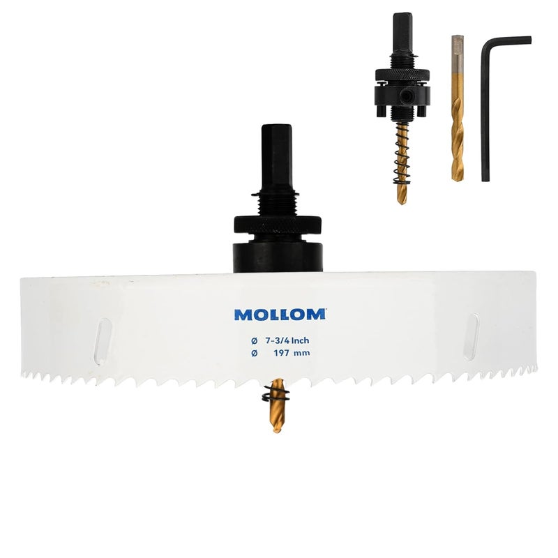 Mollom (197mm | 7-3/4") HSS M42 with 8% Cobalt BI-Metal Hole Saw with 2 Pilot Drill Bits & Arbor Smooth Cutting for PVC,Drywall,Wood,Plastic,Gypsum Board,Rubber - Image 1